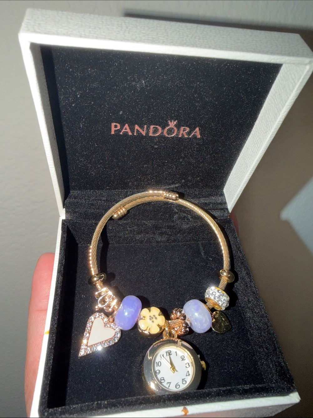 Pandora Gold Tone Bracelet with Lavender Beads, Heart Charm and Watch Pendant